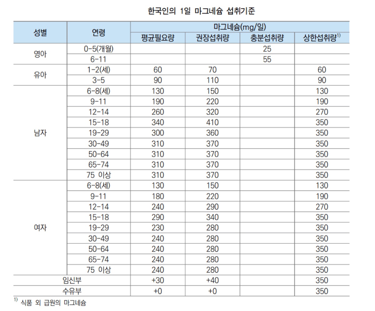 한국인의 1일 마그네슘 섭취권장량